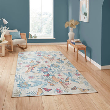 Washable Catherine Lansfield Amaya Tropical Birds Lightweight Printed Polyester Flatweave Beige/Sky Blue/Crimson Red Rug-Think Rugs-Rug Love - The Most Loved Rug Store